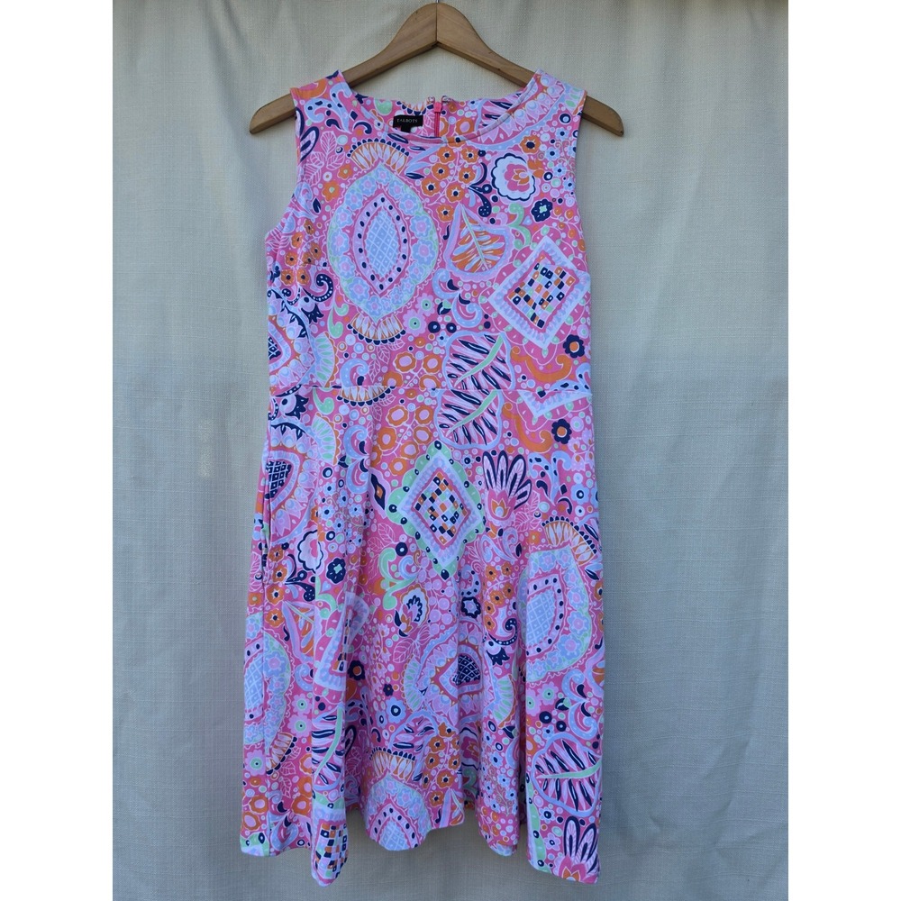 Talbots Fit Flare Dress Womens M Sleeveless Cotton Knit Pockets Medallion Pink